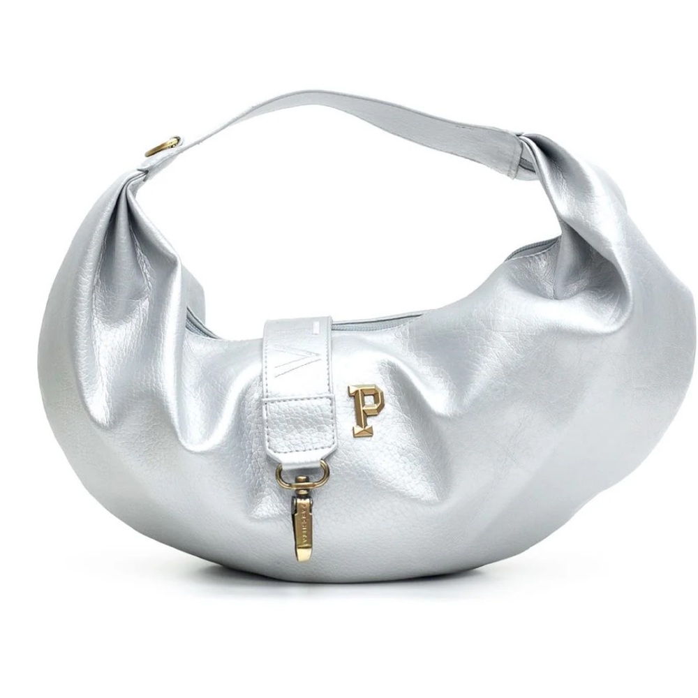 Elegant Silver Hobo Bag with Gold Details